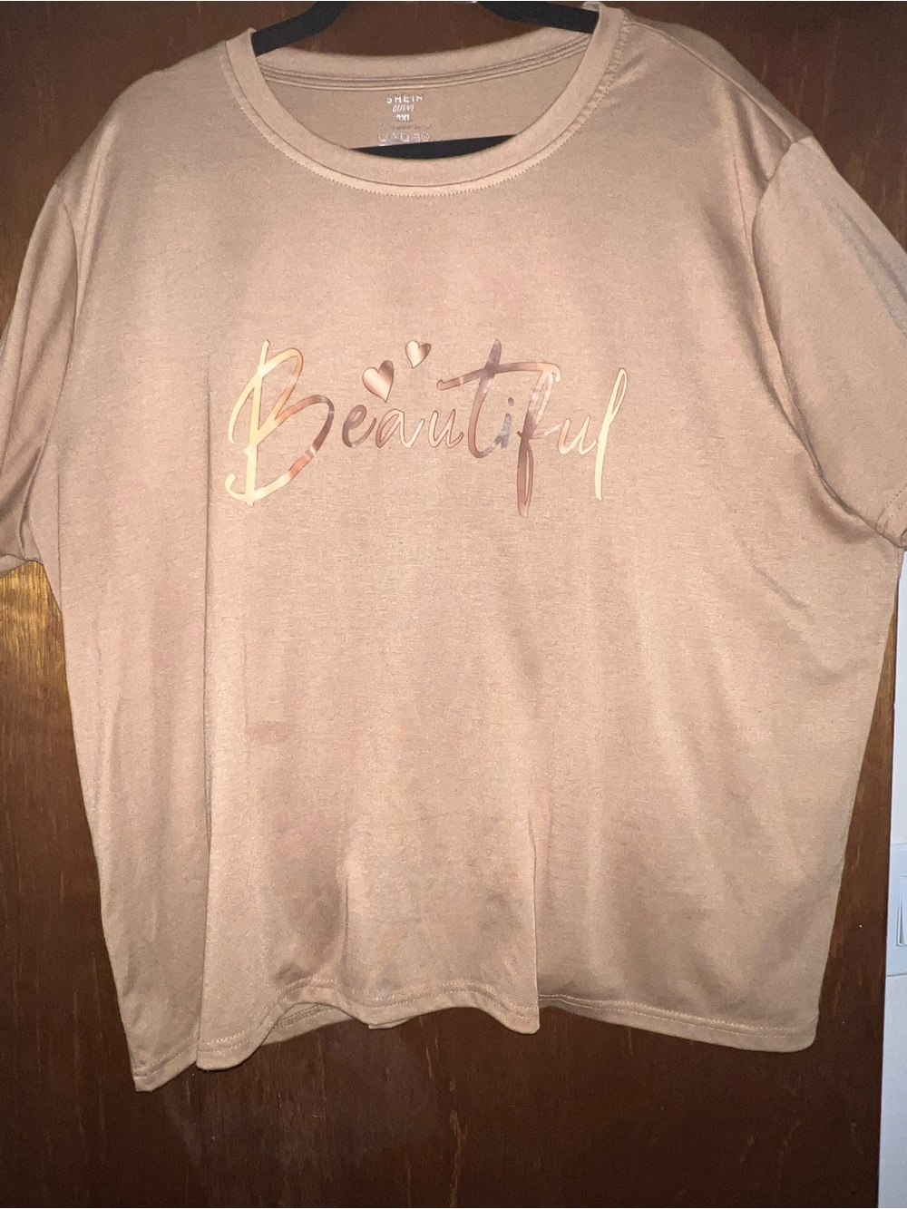 SHEIN Beige Short Sleeve Tee with Shimmering "Beautiful" Script